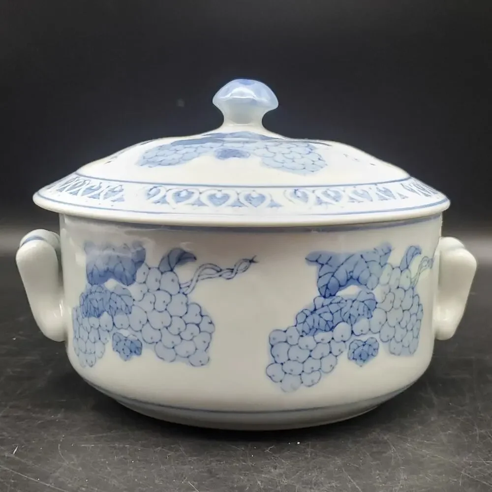 Vintage Blue White Porcelain Covered Vegetable Bowl Grapes China Tureen